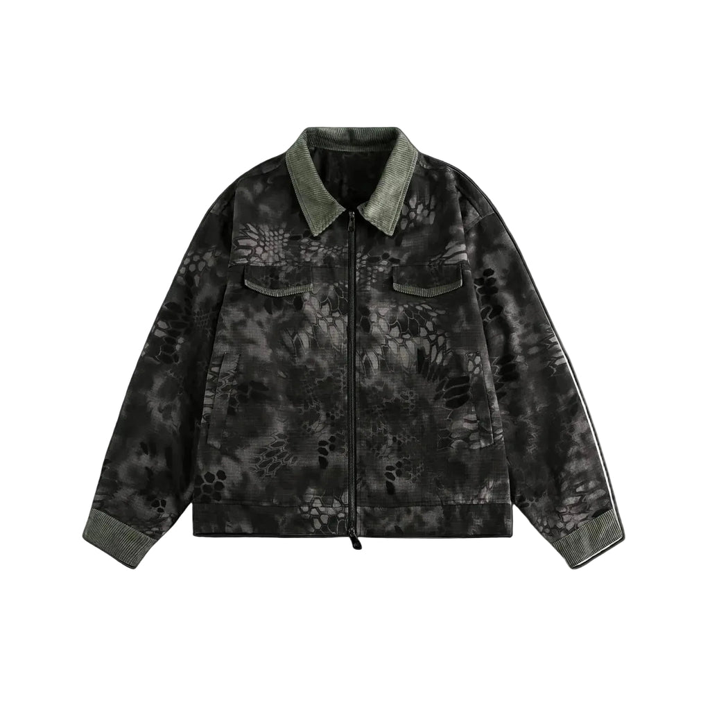 Retro camouflage snake pattern contrasting workwear jacket