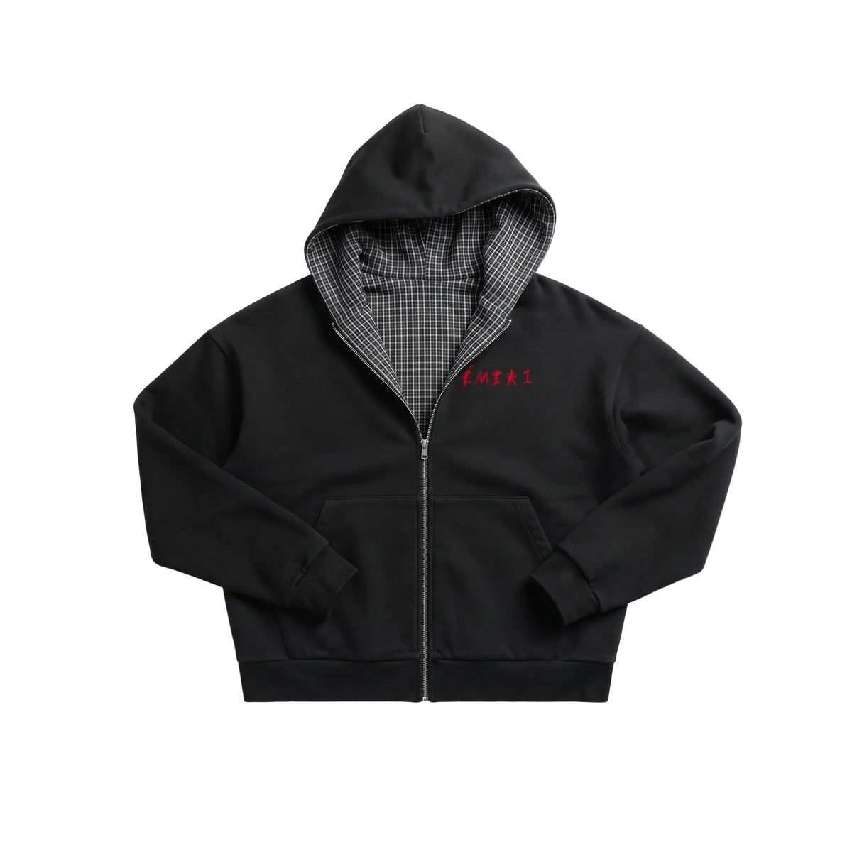 Contrast Plaid Boxy Zip Hoodie